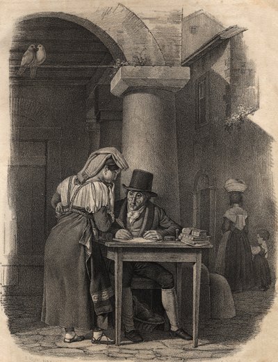 Public Scribe Working in a Market Place by English School